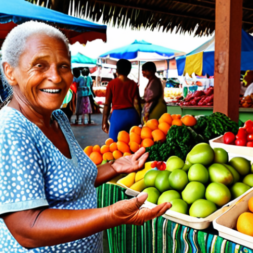 Home 4 **A vibrant St. Lucian market scene. A friendly elderly woman with a warm smile is speaking to a tourist, gesturing towards her colorful display of local fruits and vegetables. Capture the lively atmosphere with other vendors and shoppers in the background.**