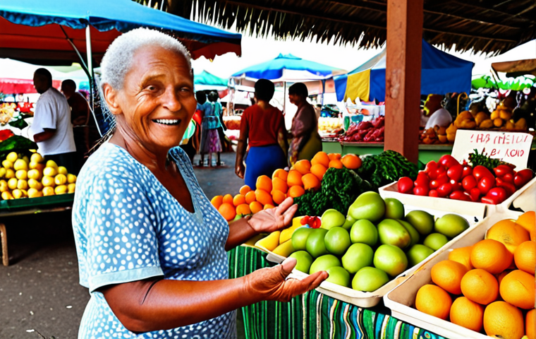 **A vibrant St. Lucian market scene. A friendly elderly woman with a warm smile is speaking to a tourist, gesturing towards her colorful display of local fruits and vegetables. Capture the lively atmosphere with other vendors and shoppers in the background.**